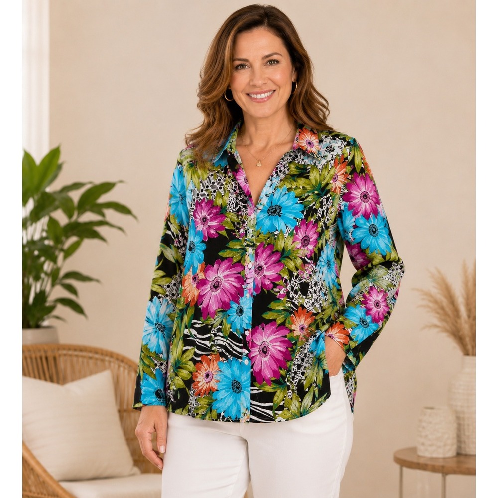 Alfred Dunner Button Up Shirt Women 14 Multicolor Floral‎ Tropical Zebra Print